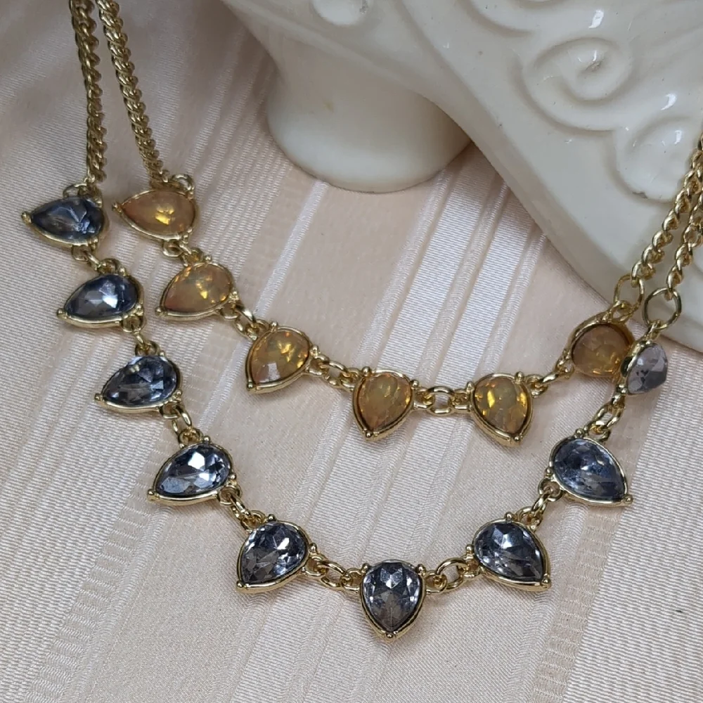 3/$15 Vintage Layered Necklace Peach Opal & Periwinkle Blue Faceted Crystals